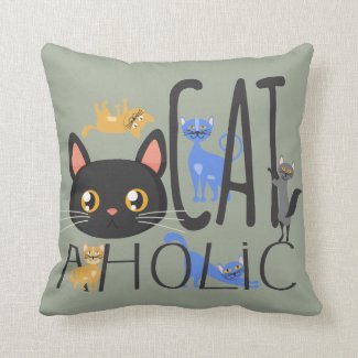 Lots of Cats Cataholic Black Cat on Left Throw Pillow
