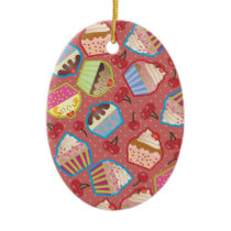 Lotsa Cupcakes n Cherries Pink Oval Ornament