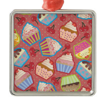 Lotsa Cupcakes n Cherries Pink Square Ornament