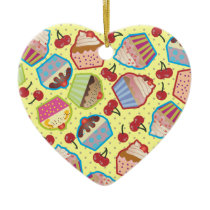Lotsa Cupcakes n Cherries Yellow Heart Ornament