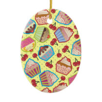 Lotsa Cupcakes n Cherries Yellow Oval Ornament
