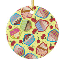 Lotsa Cupcakes n Cherries Yellow Round Ornament
