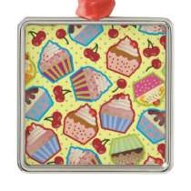 Lotsa Cupcakes n Cherries Yellow Square Ornament