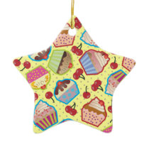 Lotsa Cupcakes n Cherries Yellow Star Ornament