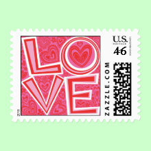 Love and Hearts Postage Stamp - Fun design of the word LOVE surrounded by red and pink hearts and flowers. Perfect for Valentine's Day or Everyday!