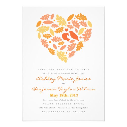 Love Bird Leaf and Heart Wedding Invitation