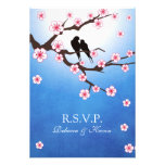 Love birds and Sakura - Blue Background RSVP Invitations