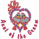 ladies_casual_longsleeve - Embroidered pair of sweet pink love birds perched on a floral heart with bow accent. Delightfully romantic wedding design. Text says... Aunt of the Groom in deep pink.: Sizes  Available colors: white
