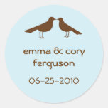 Love birds blue wedding favor name tag label round sticker