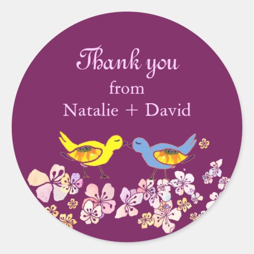 Love Birds Cute Purple Wedding Thank You Stickers