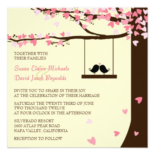 Love Birds Falling Hearts Oak Tree Wedding Invite (front side)