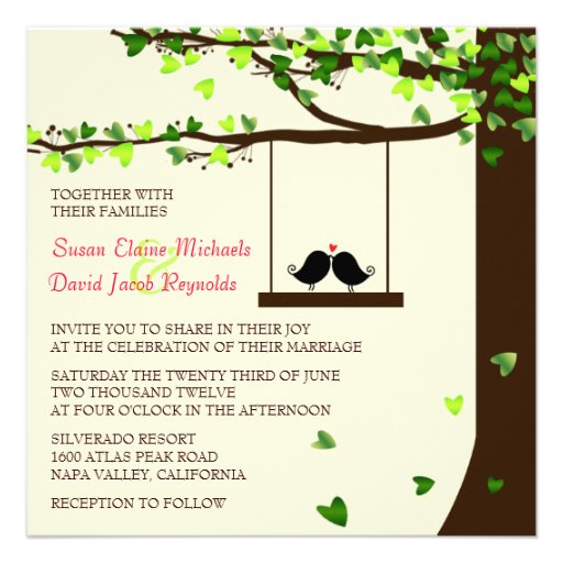 Love Birds Falling Hearts Oak Tree Wedding Invite