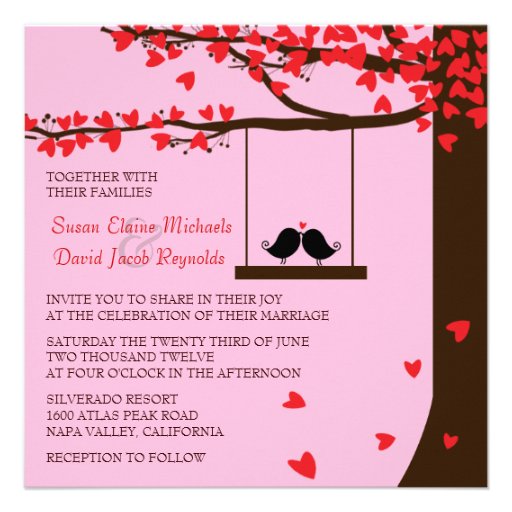 Love Birds Falling Hearts Oak Tree Wedding Invite (front side)