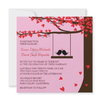 Love Birds Falling Hearts Oak Tree Wedding Invite invitation