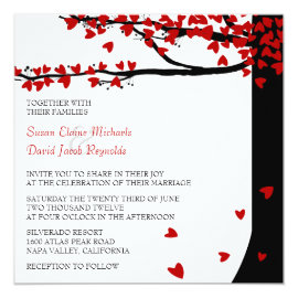 Love Birds Falling Hearts Red Black Oak Tree 5.25x5.25 Square Paper Invitation Card
