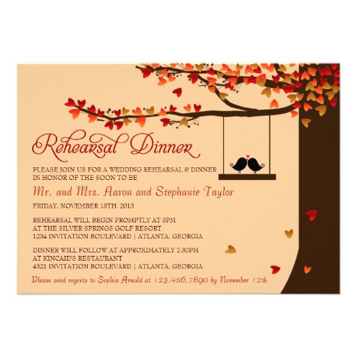 Love Birds Falling Hearts Rehearsal Dinner Announcements (front side)