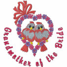 ladies_casual_longsleeve - Embroidered pair of sweet pink love birds perched on a floral heart with bow accent. Delightfully romantic wedding design. Text says... Grandmother of the Bride in deep pink.: Sizes  Available colors: white