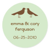 Love birds green wedding favor name tag label round sticker