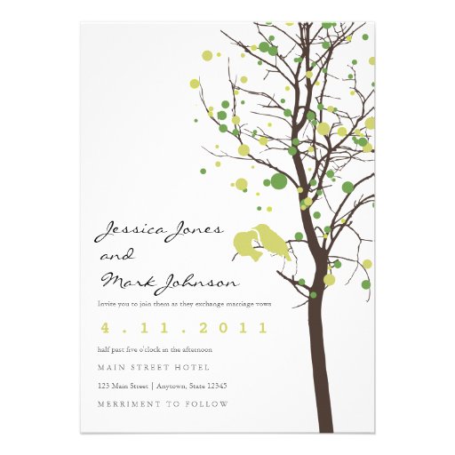 Love Birds in Green Polka Dot in Brown Tree Personalized Announcement