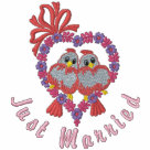 ladies_casual_tshirt - Delightfully romantic embroidered wedding apparel. Embroidered pair of sweet pink love birds perched on a floral heart with bow accent.  Text says... Just Married in deep pink.: Sizes  Available colors: black
