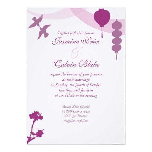 Love Birds & Lanterns Wedding Invitation, Plum