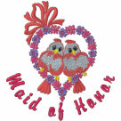 ladies_casual_longsleeve - Embroidered pair of sweet pink love birds perched on a floral heart with bow accent. Delightfully romantic wedding design. Text says... Maid of Honor in deep pink.: Sizes  Available colors: white