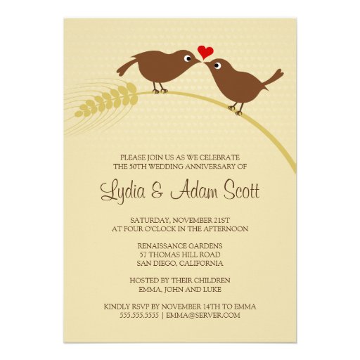 Love Birds On Wheat - Wedding Anniversary Invitations