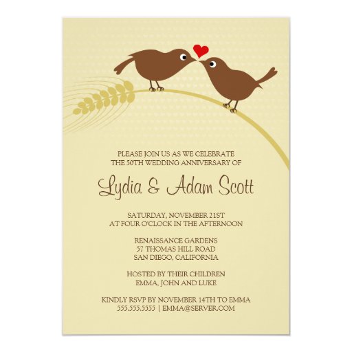 Love Birds On Wheat - Wedding Anniversary 5x7 Paper Invitation Card