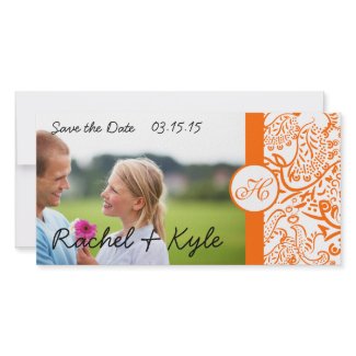 Love Birds Orange Damask Save the Date photocard
