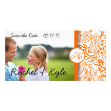 Love Birds Orange Damask Save the Date Photo Greeting Card