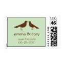 Love birds save the date green wedding postage stamp