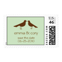 Love birds save the date green wedding postage stamps