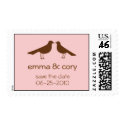 Love birds save the date pink wedding postage stamp