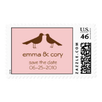 Love birds save the date pink wedding postage stamps