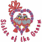 ladies_casual_longsleeve - Embroidered pair of sweet pink love birds perched on a floral heart with bow accent. Delightfully romantic wedding design. Text says... Sister of the Groom in deep pink.: Sizes  Available colors: white