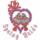 ladies_casual_tshirt - Delightfully romantic embroidered wedding apparel. Embroidered pair of sweet pink love birds perched on a floral heart with bow accent.  Text says... Spring Bride in deep pink.: Sizes  Available colors: black