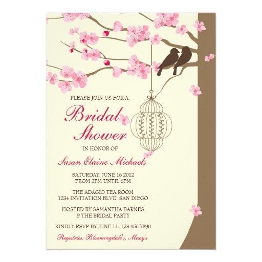 Love Birds Vintage Cage Blossom Bridal Shower Personalized Announcements (front side)