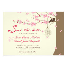 Love Birds Vintage Cage Cherry Blossom Save Date Custom Announcements