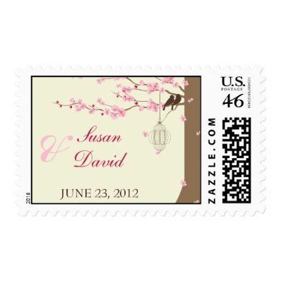 Love Birds Vintage Cage Cherry Blossom Stamp