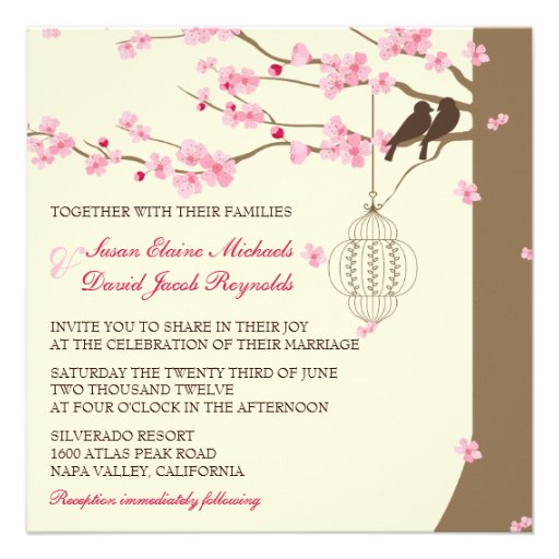 Love Birds Vintage Cage Cherry Blossom Wedding Personalized Announcements