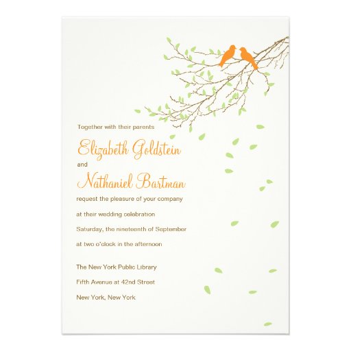 Love Birds Wedding Invitation in Orange and Green