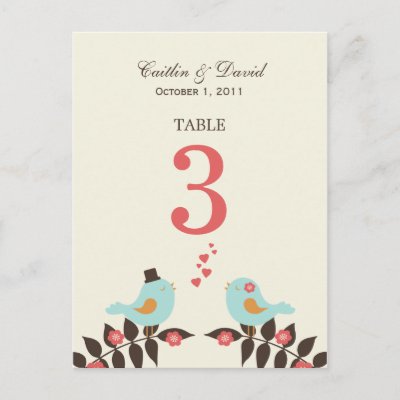 Love Birds Wedding Table Number Card Post Cards