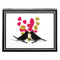 Love Birds With Red & Gold Hearts Wall Calendars