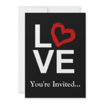 LOVE, Black and White with Red Sketched Heart Custom Invitations