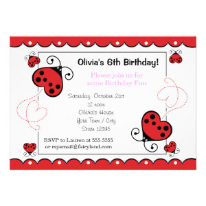 Love Bug Heart Ladybug Birthday Invitations Pink