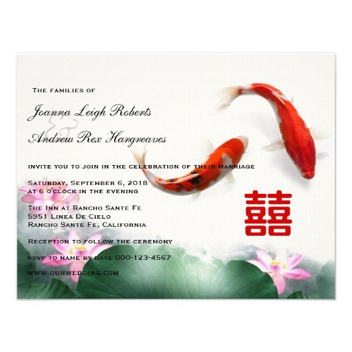 Love Circles | Lotus Koi Double Happiness Wedding Custom Invite (front side)