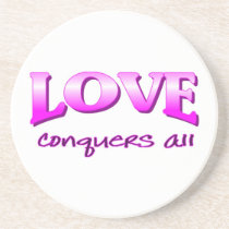 Love conquers all Christian saying coasters