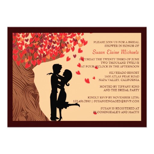 Love Couple Falling Hearts Oak Tree Bridal Shower Personalized Announcements (front side)