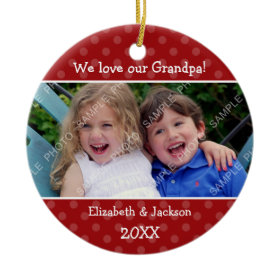 Love Grandpa Red Polka Dot Christmas Photo Double-Sided Ceramic Round Christmas Ornament