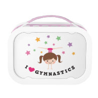Love gymnastics cartoon girl brown hair handstand lunchbox